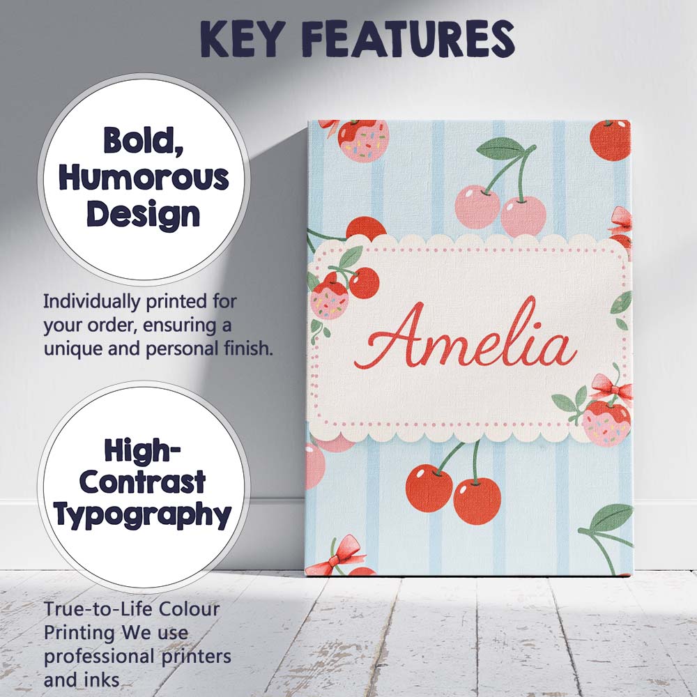 Personalised Name Cherry Fruit Vertical Stripe Blue Background Custom Modern Room Accent Canvas Wall Art Print Decor Picture Ready to Hang