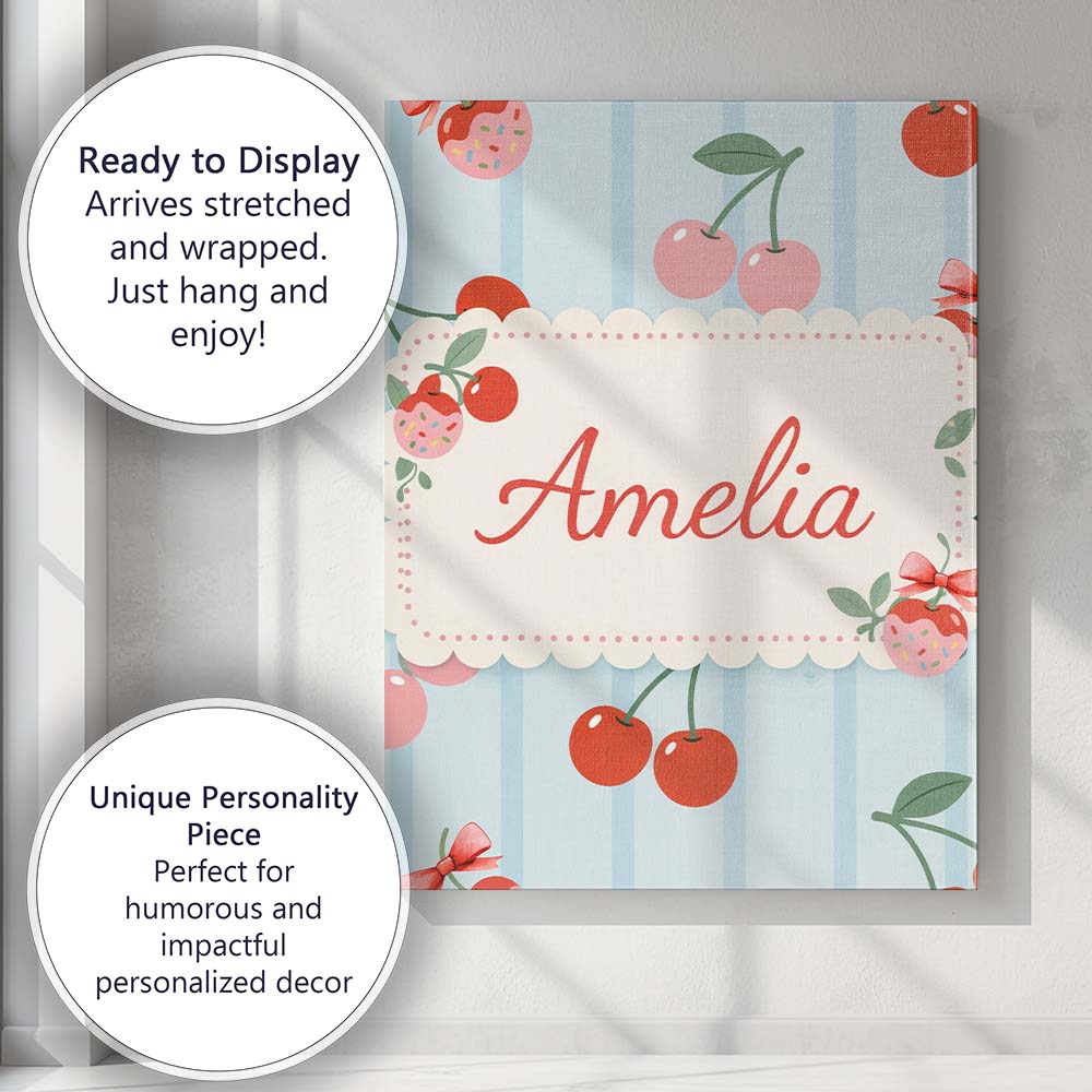 Personalised Name Cherry Fruit Vertical Stripe Blue Background Custom Modern Room Accent Canvas Wall Art Print Decor Picture Ready to Hang