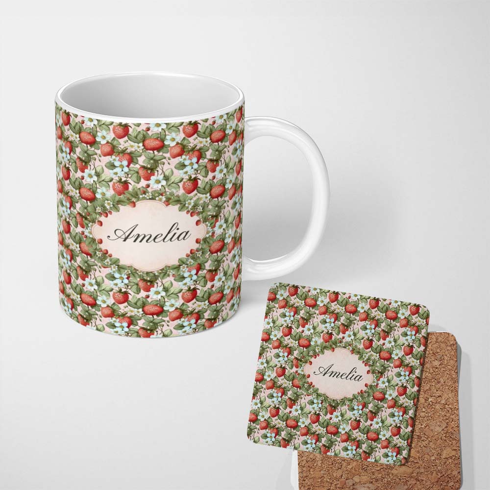 Personalized Custom Name Soft Pastel Strawberry Blossom Floral Seamless Pattern Name Cute 11oz Ceramic Coffee Tea Mug White Large Handle