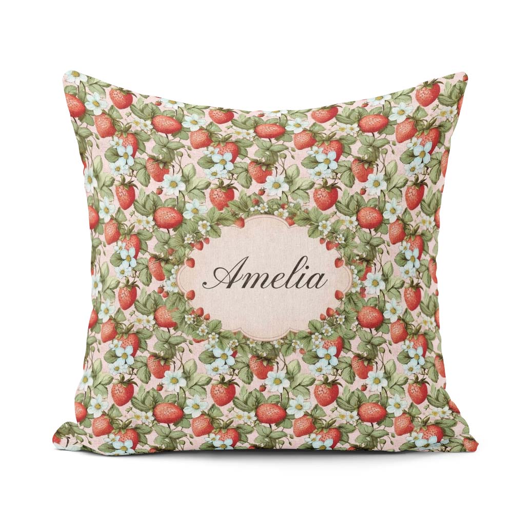Custom Name Soft Pastel Strawberry Blossom Seamless Pattern Name Square Filled Cushion Throw Pillow Sofa Bed Home Decor Zip Washable UK Made