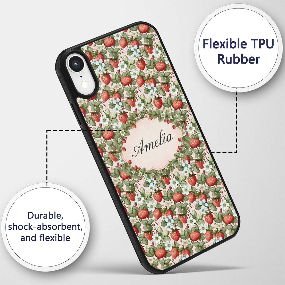 Soft Pastel Strawberry Blossom Floral Seamless Custom Name Protective Phone Case Mobile Cover Durable Everyday Smartphone Shock Resistant