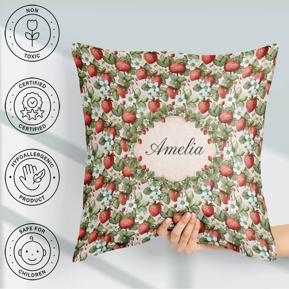 Custom Name Soft Pastel Strawberry Blossom Seamless Pattern Name Square Filled Cushion Throw Pillow Sofa Bed Home Decor Zip Washable UK Made