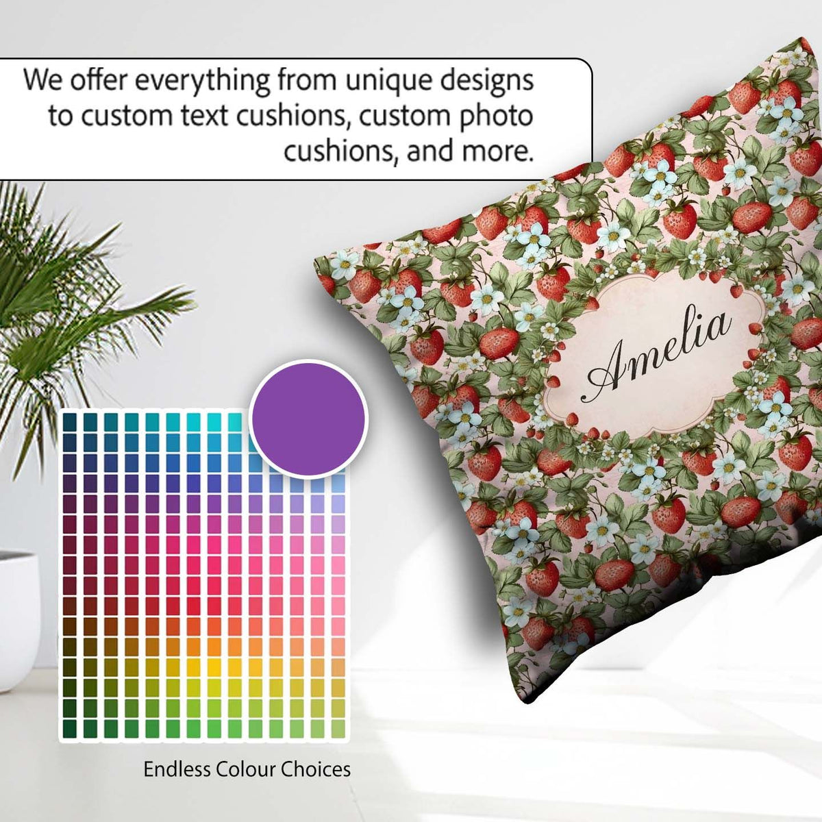 Custom Name Soft Pastel Strawberry Blossom Seamless Pattern Name Square Filled Cushion Throw Pillow Sofa Bed Home Decor Zip Washable UK Made