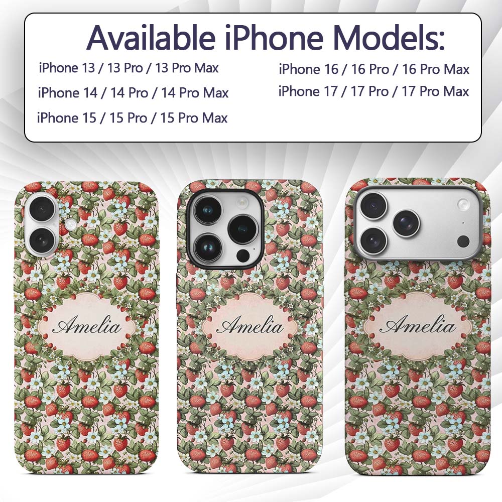 Soft Pastel Strawberry Blossom Floral Seamless Custom Name Protective Phone Case Mobile Cover Durable Everyday Smartphone Shock Resistant