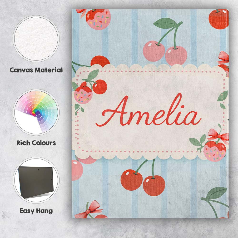 Personalised Name Cherry Fruit Vertical Stripe Blue Background Custom Modern Room Accent Canvas Wall Art Print Decor Picture Ready to Hang