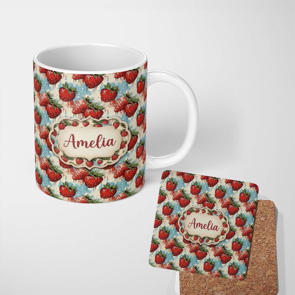 Personalized Custom Name Grunge Strawberry Drip Urban Art Seamless Pattern Name Cute Unique 11oz Ceramic Coffee Tea Mug White Large Handle