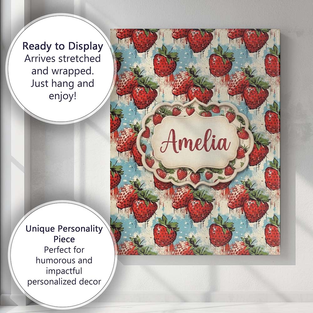 Personalised Name Grunge Strawberry Drip Custom Unique Gift Idea Elegant Feature Canvas Wall Art Print Decor Picture Ready to Hang