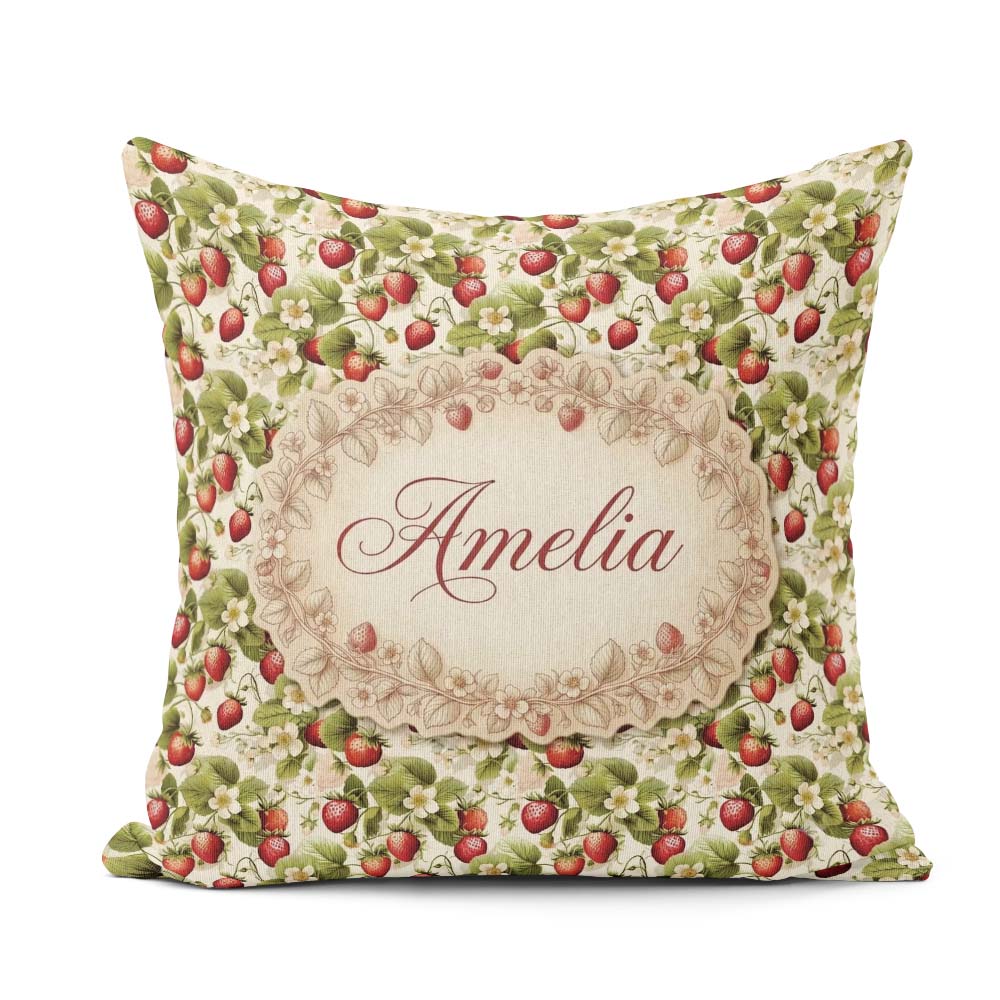 Custom Name Fresh Strawberry Blossom Cream Seamless Pattern Name Square Filled Cushion Throw Pillow Sofa Bed Home Decor Zip Washable UK Made