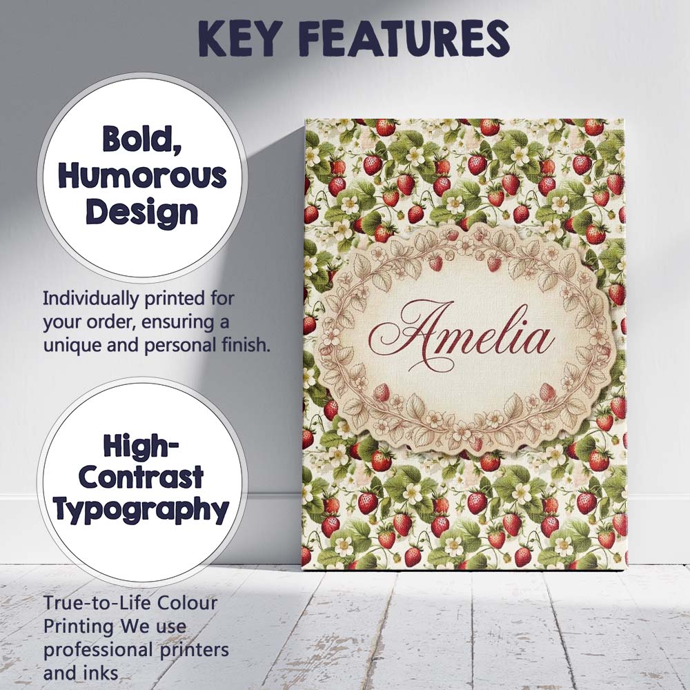 Personalised Name Fresh Strawberry Blossom Custom Unique Gift Idea Elegant Feature Canvas Wall Art Print Decor Picture Ready to Hang