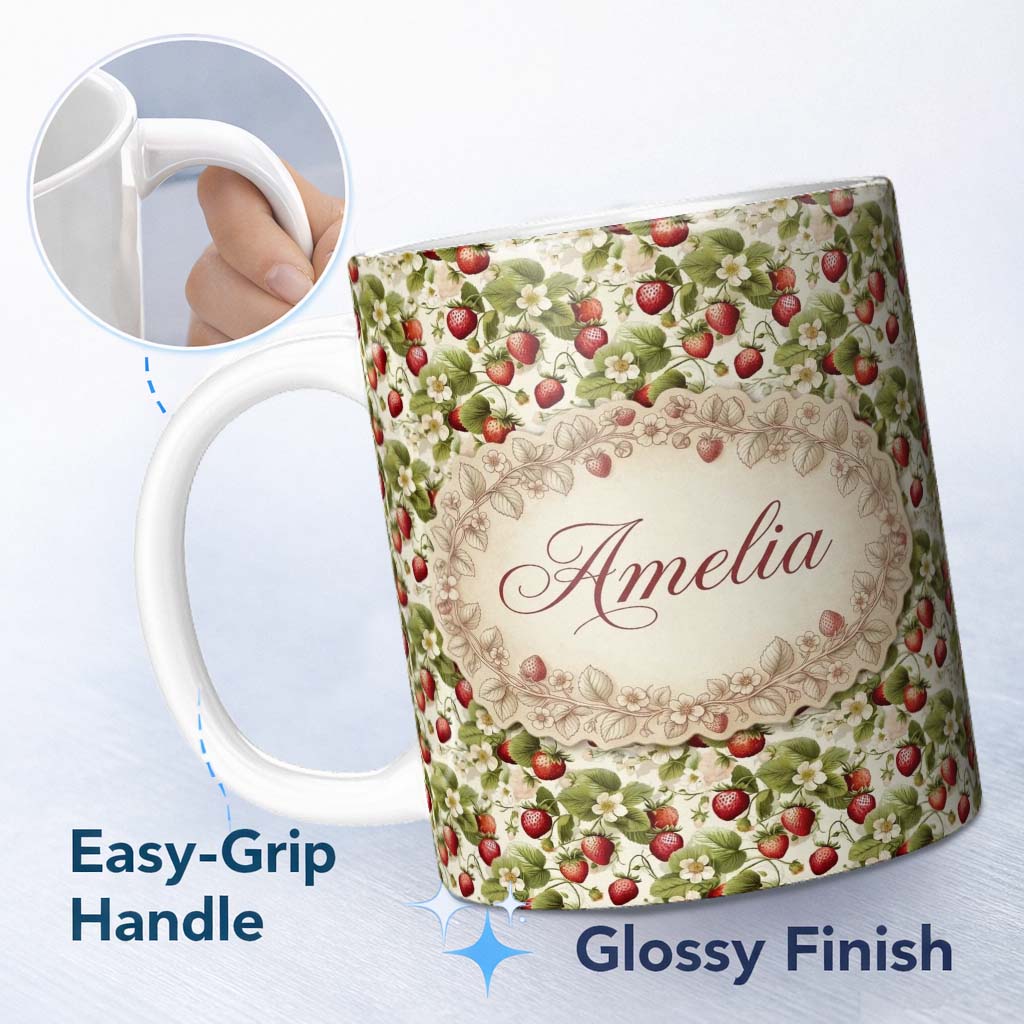 Personalized Custom Name Fresh Strawberry Blossom Garden Cream Seamless Pattern Name Cute 11oz Ceramic Coffee Tea Mug White Large Handle
