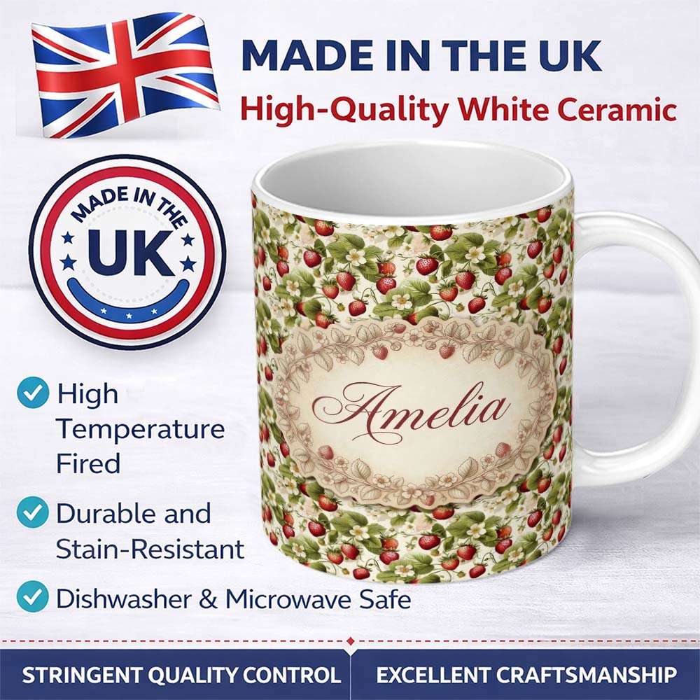 Personalized Custom Name Fresh Strawberry Blossom Garden Cream Seamless Pattern Name Cute 11oz Ceramic Coffee Tea Mug White Large Handle