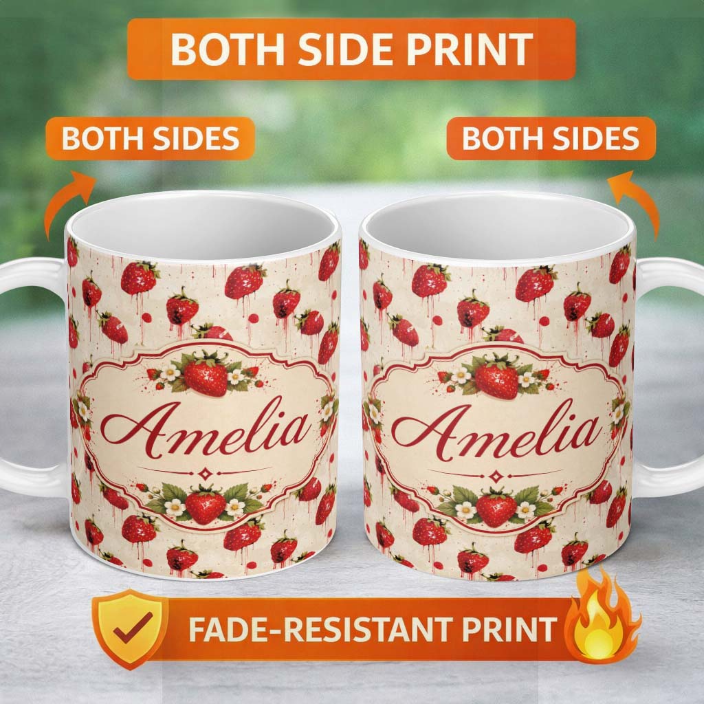 Personalized Custom Name Abstract Strawberry Paint Drip Artistic Seamless Pattern Name Cute 11oz Ceramic Coffee Tea Mug White Large Handle