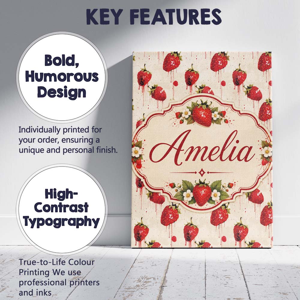 Personalised Name Abstract Strawberry Paint Custom Bespoke Interior Contemporary Canvas Wall Art Print Decor Picture Ready to Hang