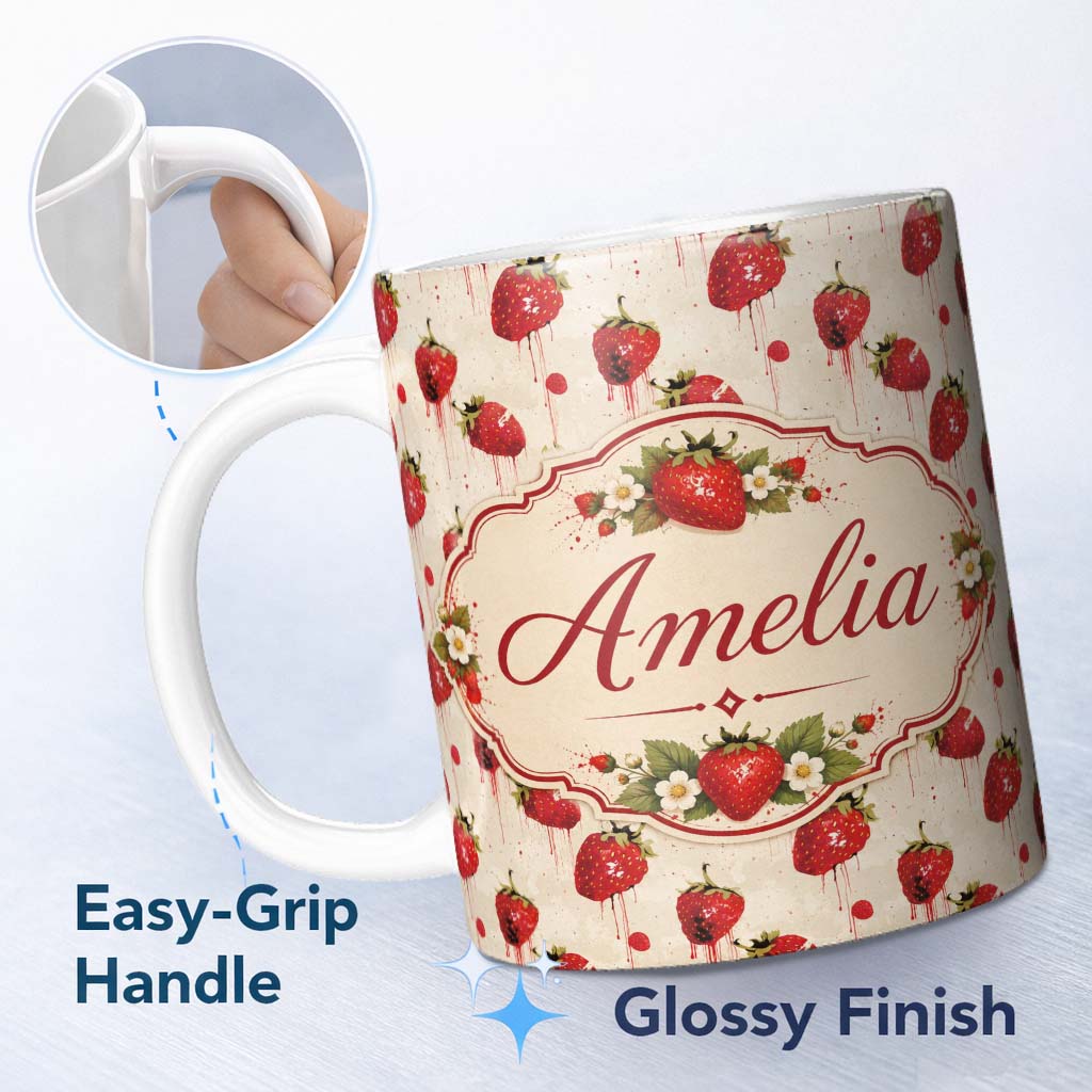 Personalized Custom Name Abstract Strawberry Paint Drip Artistic Seamless Pattern Name Cute 11oz Ceramic Coffee Tea Mug White Large Handle