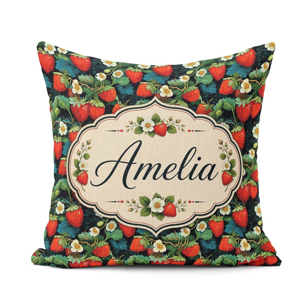 Custom Name Dark Strawberry Botanical Rich Seamless Pattern Name Square Filled Cushion Throw Pillow Sofa Bed Home Decor Zip Washable UK Made
