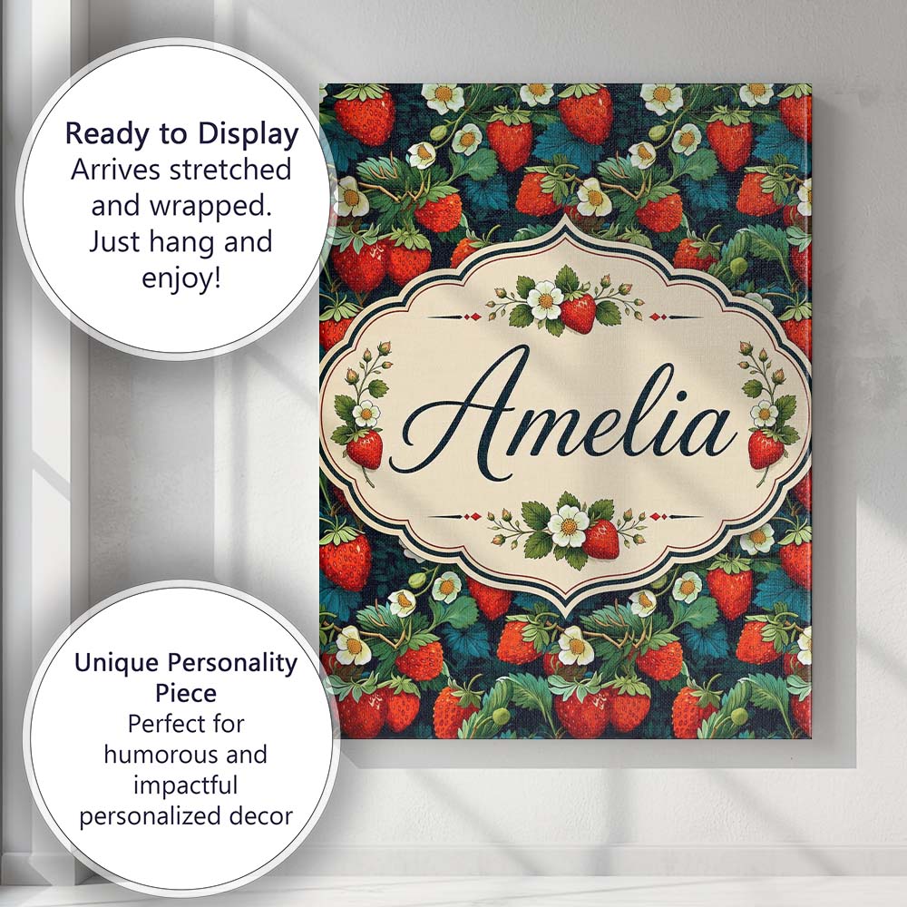 Personalised Name Dark Strawberry Botanical Custom Bespoke Interior Contemporary Canvas Wall Art Print Decor Picture Ready to Hang