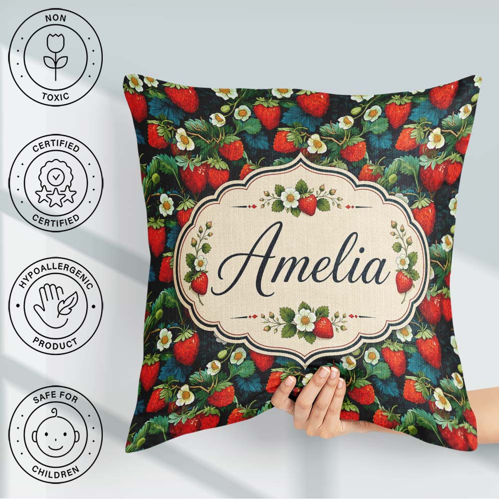 Custom Name Dark Strawberry Botanical Rich Seamless Pattern Name Square Filled Cushion Throw Pillow Sofa Bed Home Decor Zip Washable UK Made