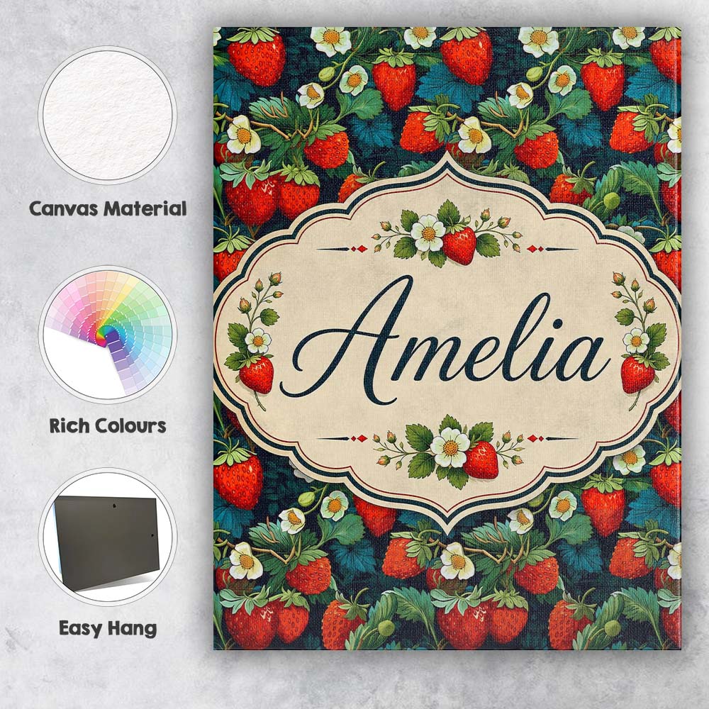 Personalised Name Dark Strawberry Botanical Custom Bespoke Interior Contemporary Canvas Wall Art Print Decor Picture Ready to Hang