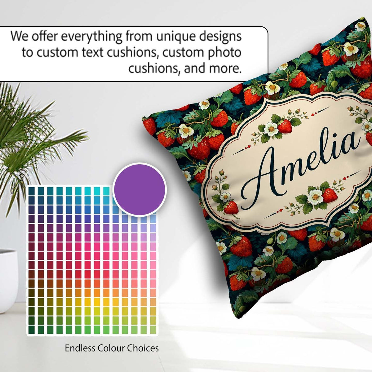 Custom Name Dark Strawberry Botanical Rich Seamless Pattern Name Square Filled Cushion Throw Pillow Sofa Bed Home Decor Zip Washable UK Made
