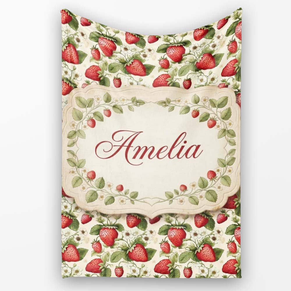 Vintage Strawberry Floral Cream Garden Seamless Pattern Name Cute Personalised Custom Name Super Soft Fleece Blanket Bed Sofa Throw