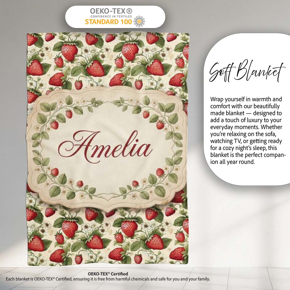 Vintage Strawberry Floral Cream Garden Seamless Pattern Name Cute Personalised Custom Name Super Soft Fleece Blanket Bed Sofa Throw