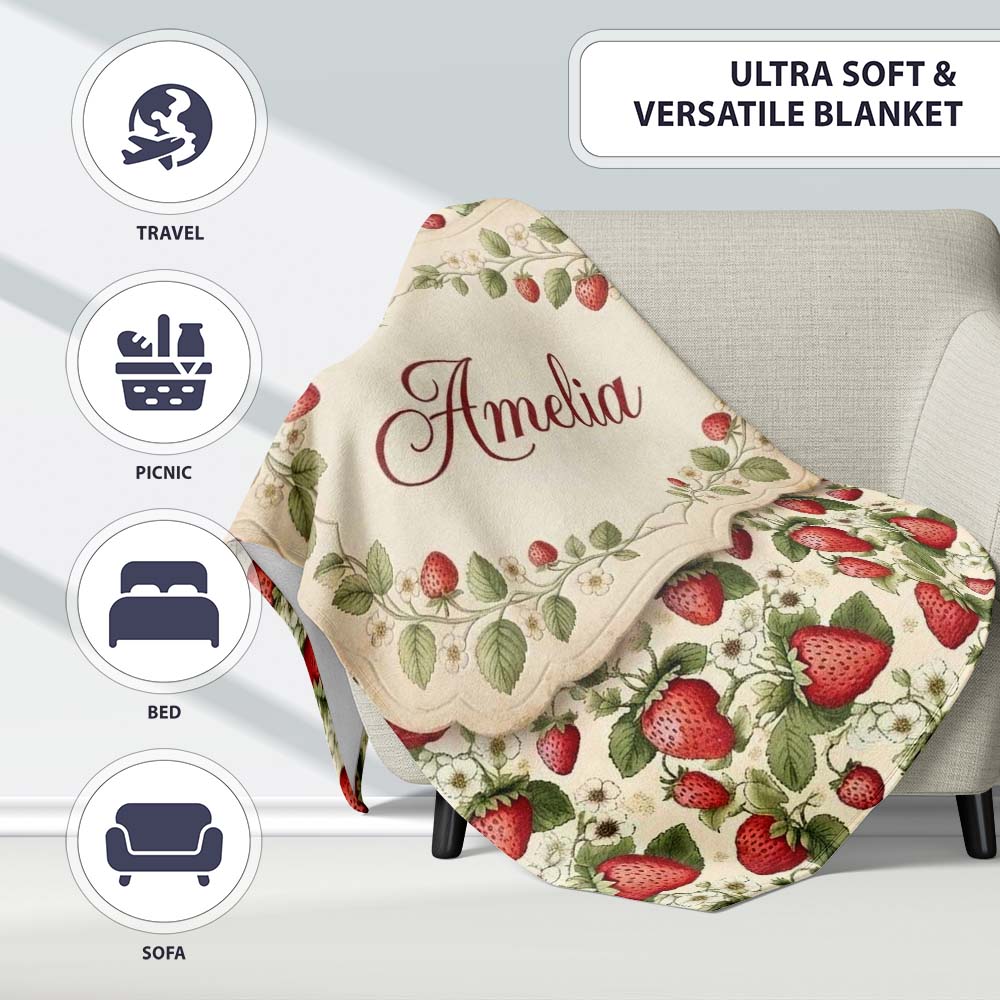 Vintage Strawberry Floral Cream Garden Seamless Pattern Name Cute Personalised Custom Name Super Soft Fleece Blanket Bed Sofa Throw