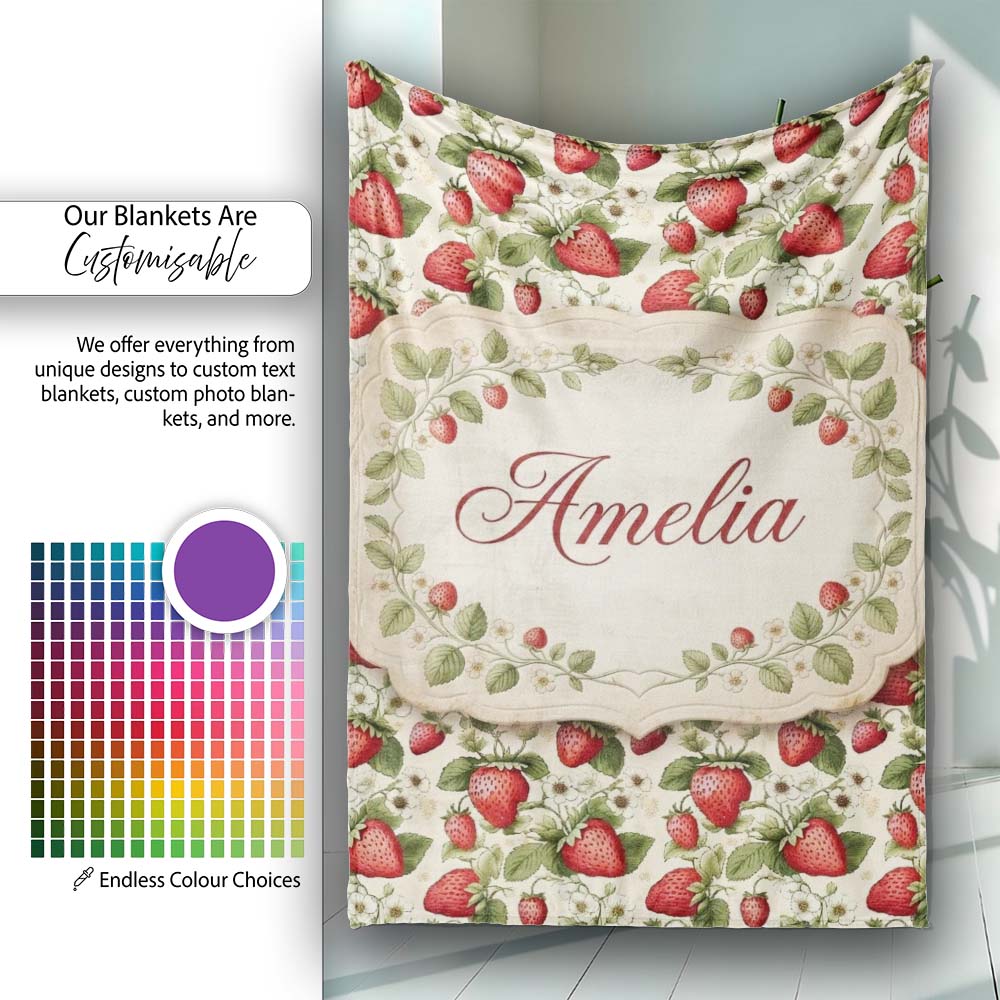 Vintage Strawberry Floral Cream Garden Seamless Pattern Name Cute Personalised Custom Name Super Soft Fleece Blanket Bed Sofa Throw