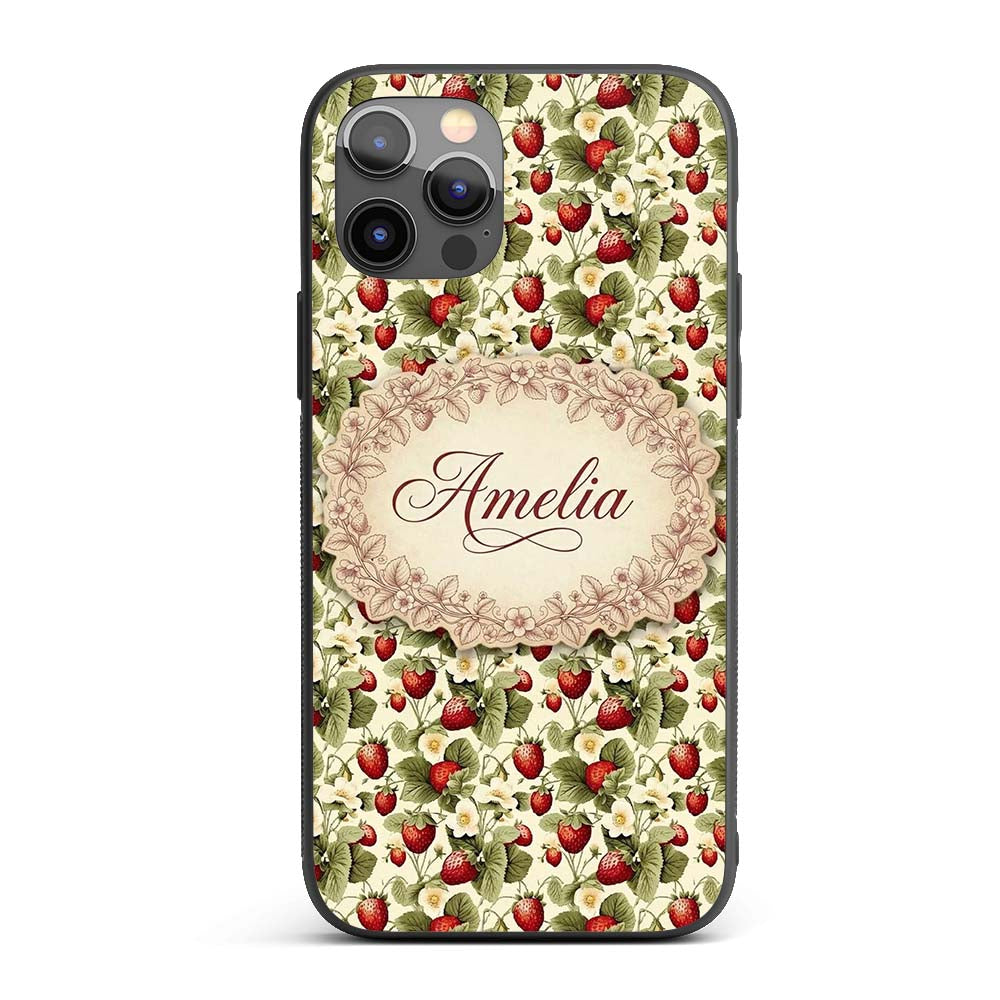 Vintage Strawberry Blossom Cream Garden Seamless Custom Name Protective Phone Case Mobile Cover Durable Everyday Smartphone Shock Resistant