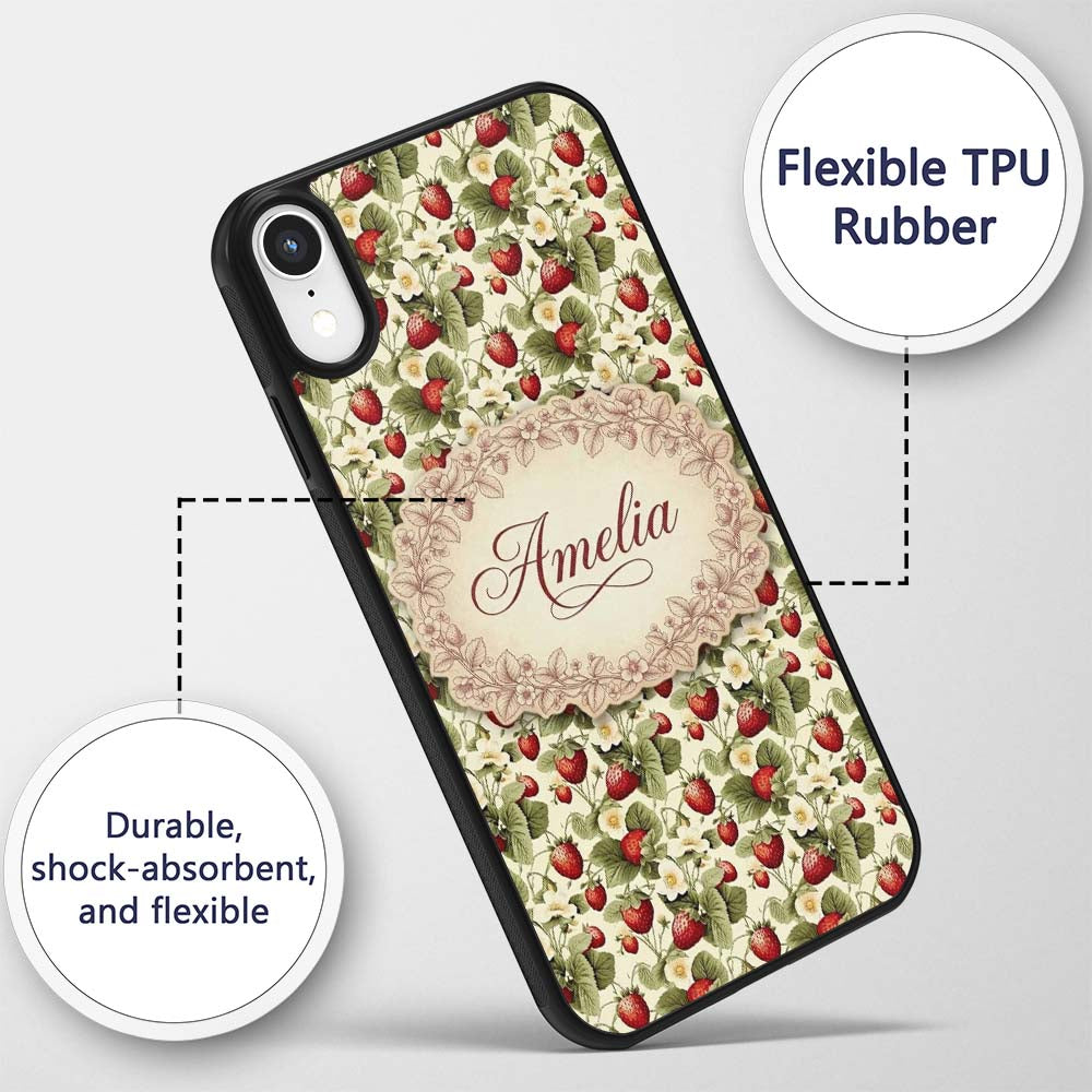 Vintage Strawberry Blossom Cream Garden Seamless Custom Name Protective Phone Case Mobile Cover Durable Everyday Smartphone Shock Resistant