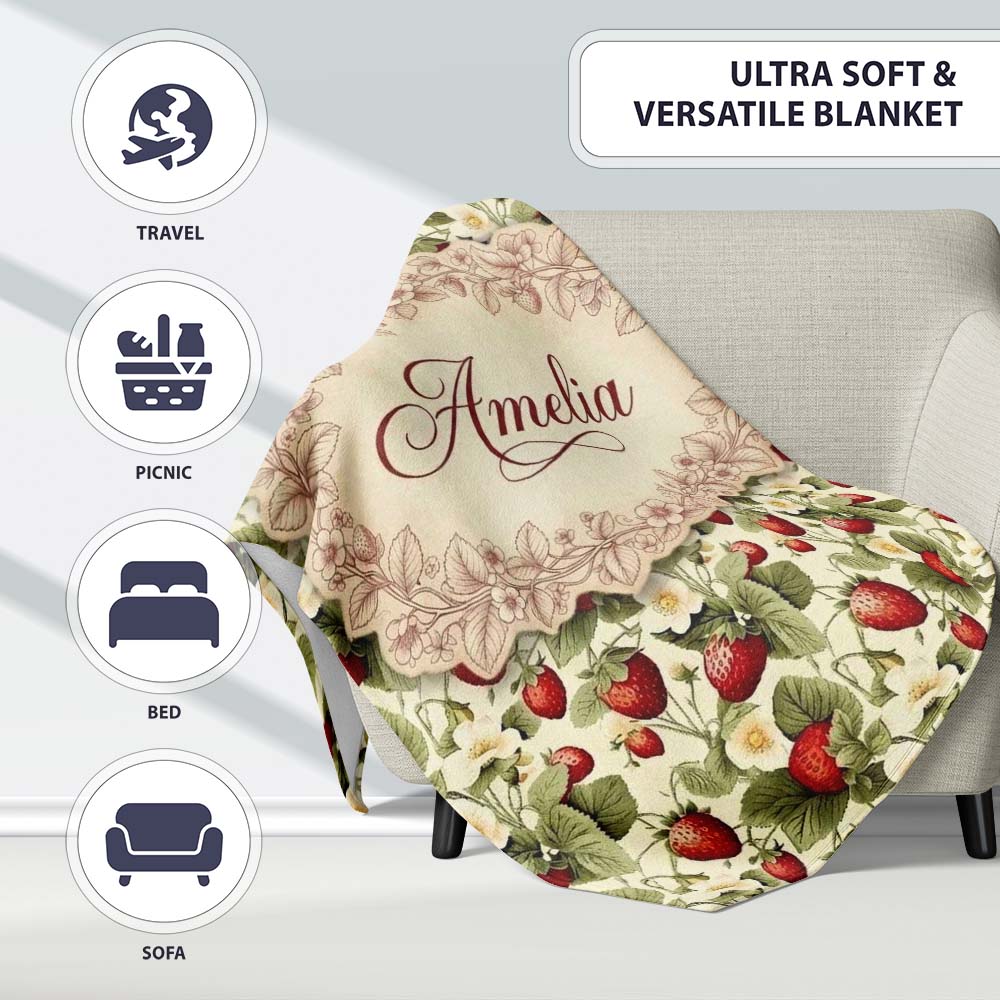 Vintage Strawberry Blossom Cream Garden Seamless Pattern Name Cute Personalised Custom Name Super Soft Fleece Blanket Bed Sofa Throw