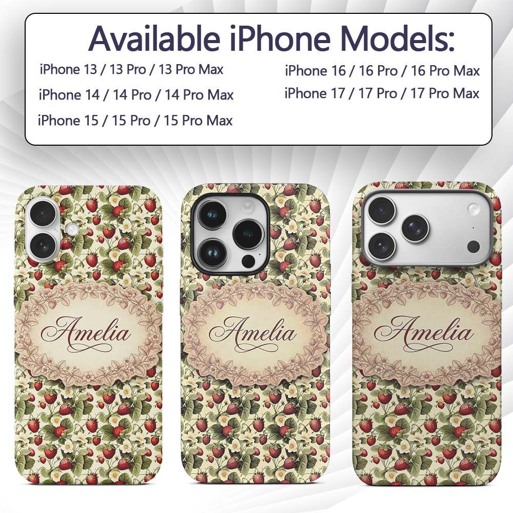 Vintage Strawberry Blossom Cream Garden Seamless Custom Name Protective Phone Case Mobile Cover Durable Everyday Smartphone Shock Resistant