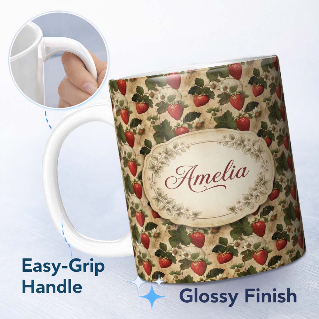 Personalized Custom Name Rustic Strawberry Vine Wood Texture Seamless Pattern Name Cute 11oz Ceramic Coffee Tea Mug White Large Handle