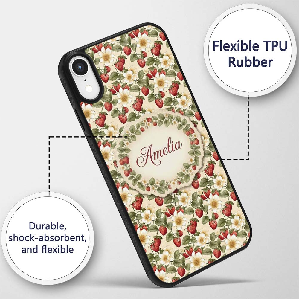 Elegant Strawberry Floral Bloom Cream Seamless Custom Name Protective Phone Case Mobile Cover Durable Everyday Smartphone Shock Resistant