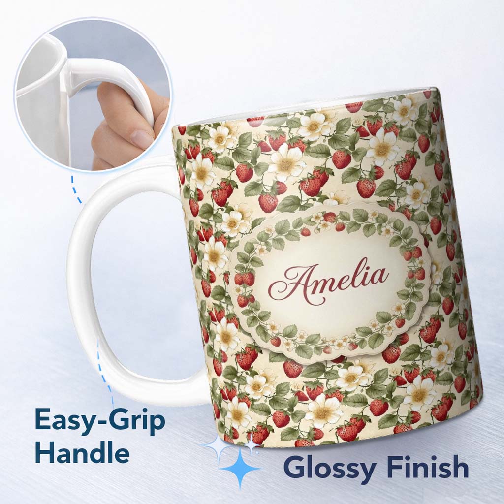 Personalized Custom Name Elegant Strawberry Floral Bloom Cream Seamless Pattern Name Cute 11oz Ceramic Coffee Tea Mug White Large Handle