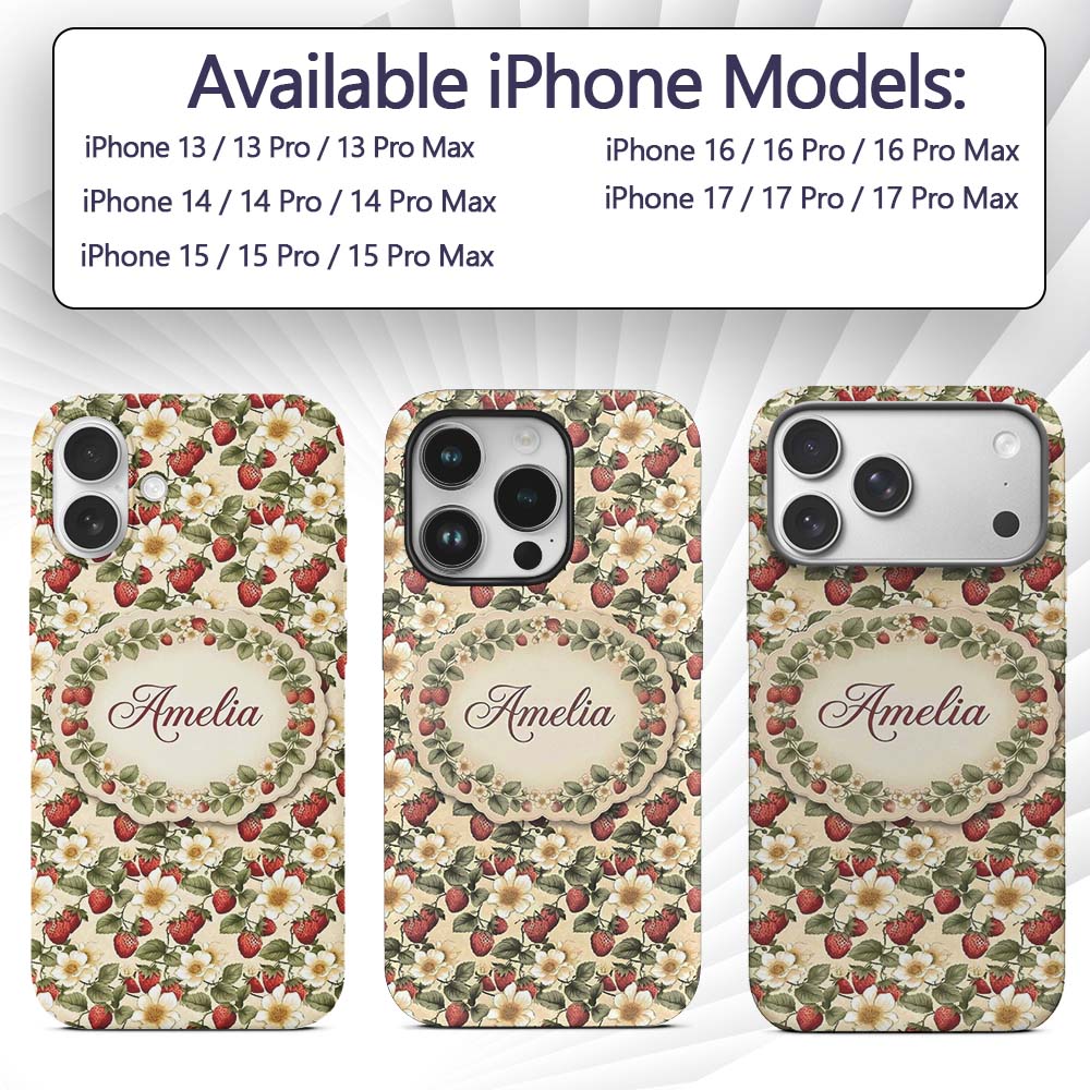 Elegant Strawberry Floral Bloom Cream Seamless Custom Name Protective Phone Case Mobile Cover Durable Everyday Smartphone Shock Resistant