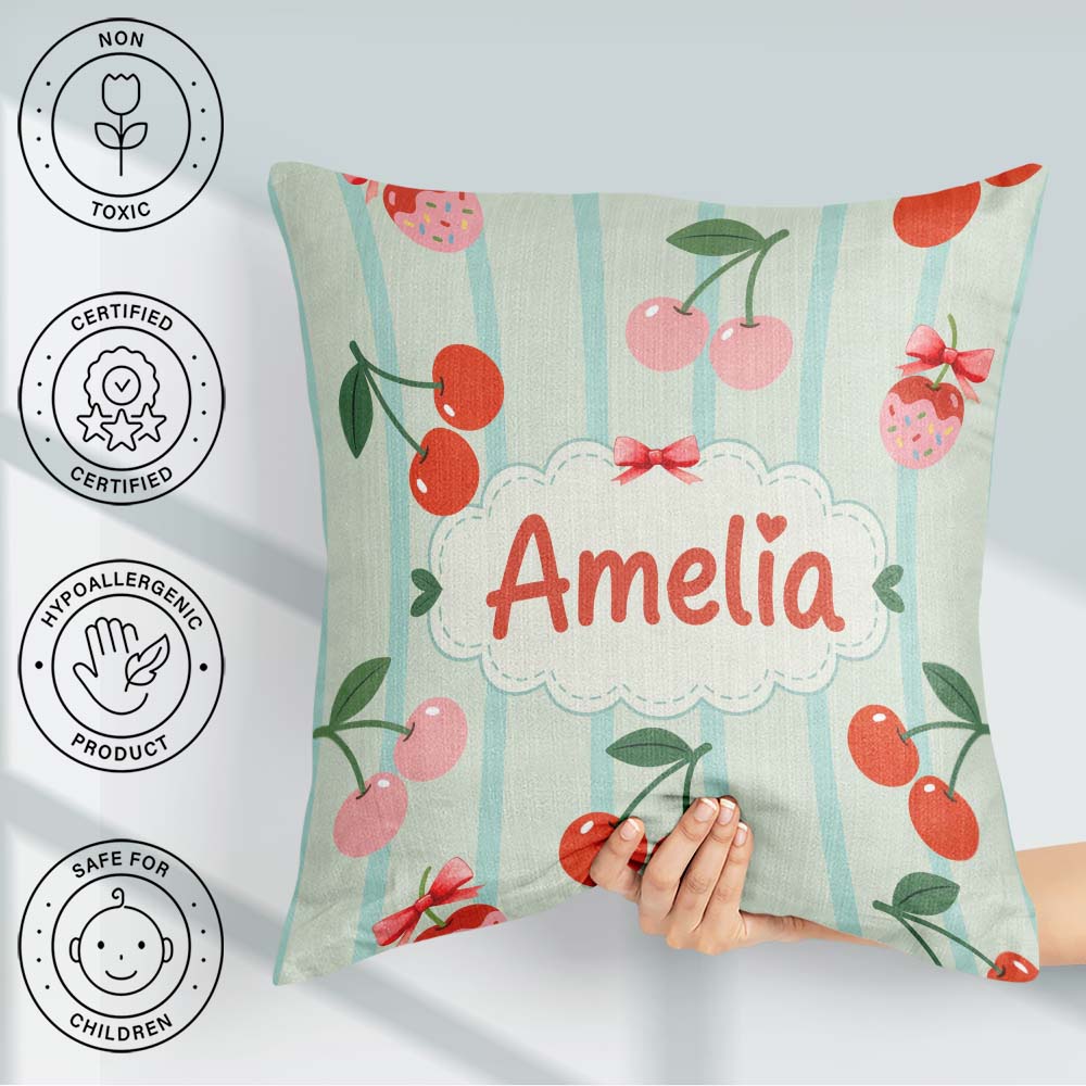 Custom Name Cherry Fruit Vertical Stripe Green Seamless Pattern Square Filled Cushion Throw Pillow Sofa Bed Home Decor Zip Washable UK Made