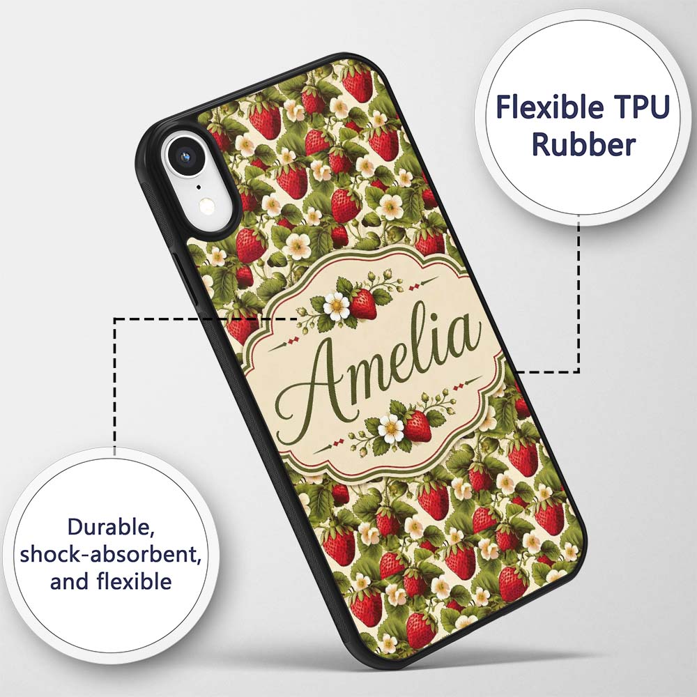 Classic Strawberry Garden Floral Cream Seamless Custom Name Protective Phone Case Mobile Cover Durable Everyday Smartphone Shock Resistant
