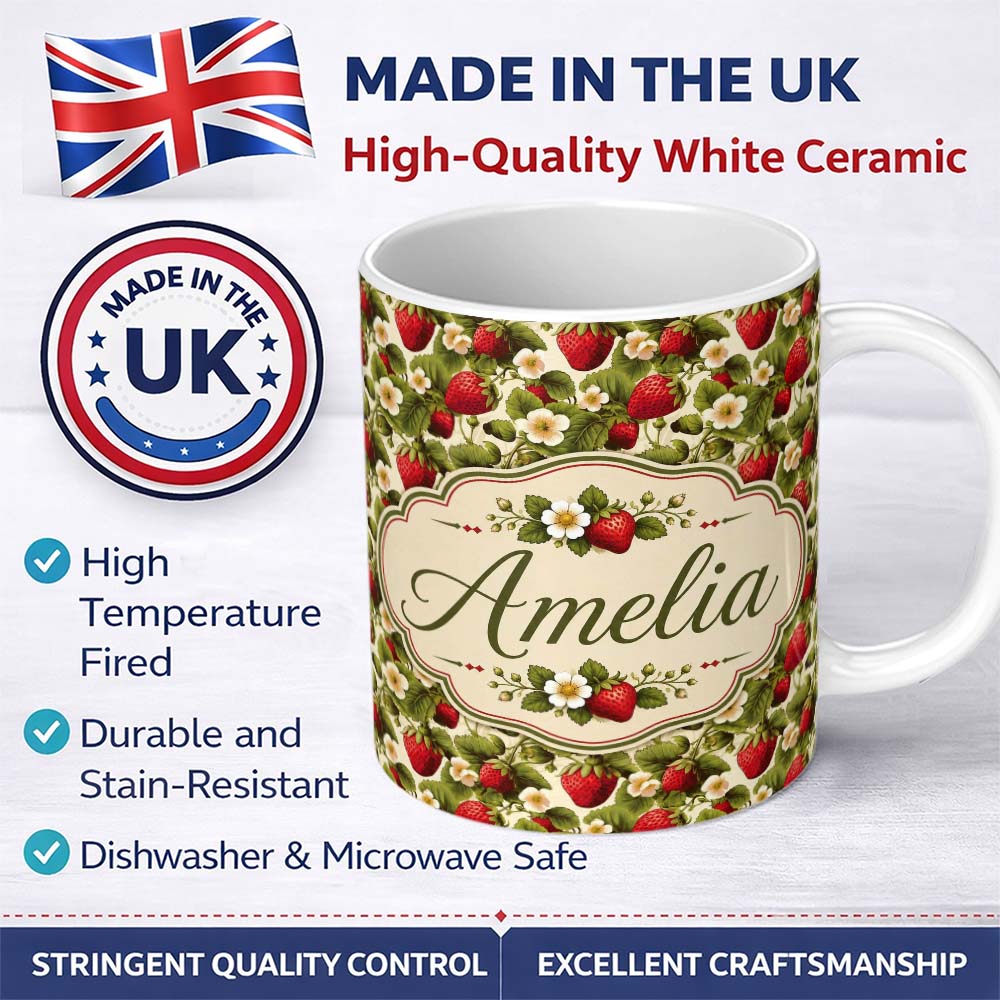 Personalized Custom Name Classic Strawberry Garden Floral Cream Seamless Pattern Name Cute 11oz Ceramic Coffee Tea Mug White Large Handle