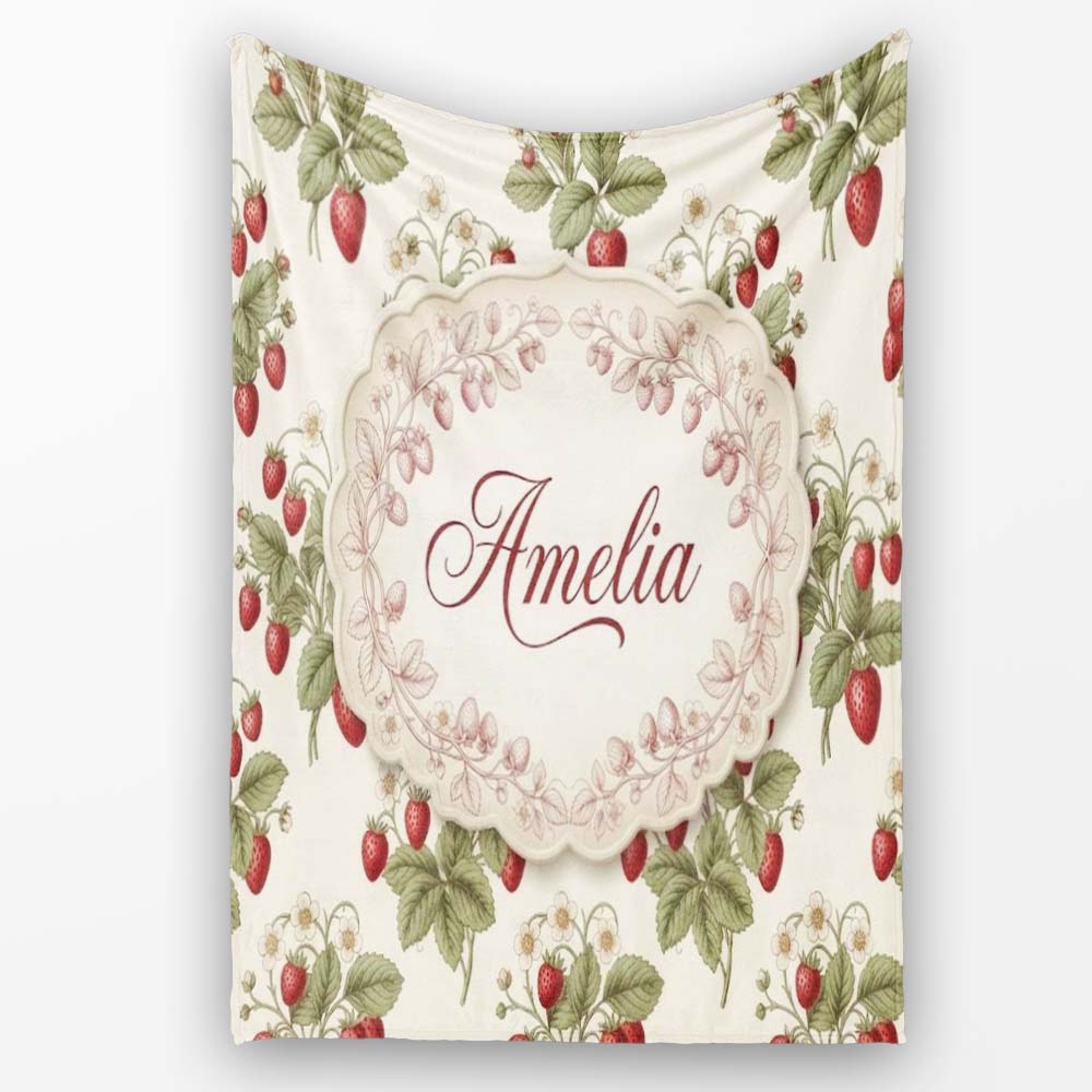 Delicate Strawberry Vine Soft Floral Seamless Pattern Name Cute Personalised Custom Name Super Soft Fleece Blanket Bed Sofa Throw