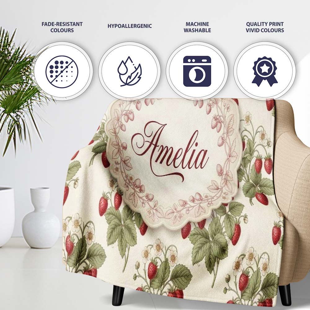 Delicate Strawberry Vine Soft Floral Seamless Pattern Name Cute Personalised Custom Name Super Soft Fleece Blanket Bed Sofa Throw