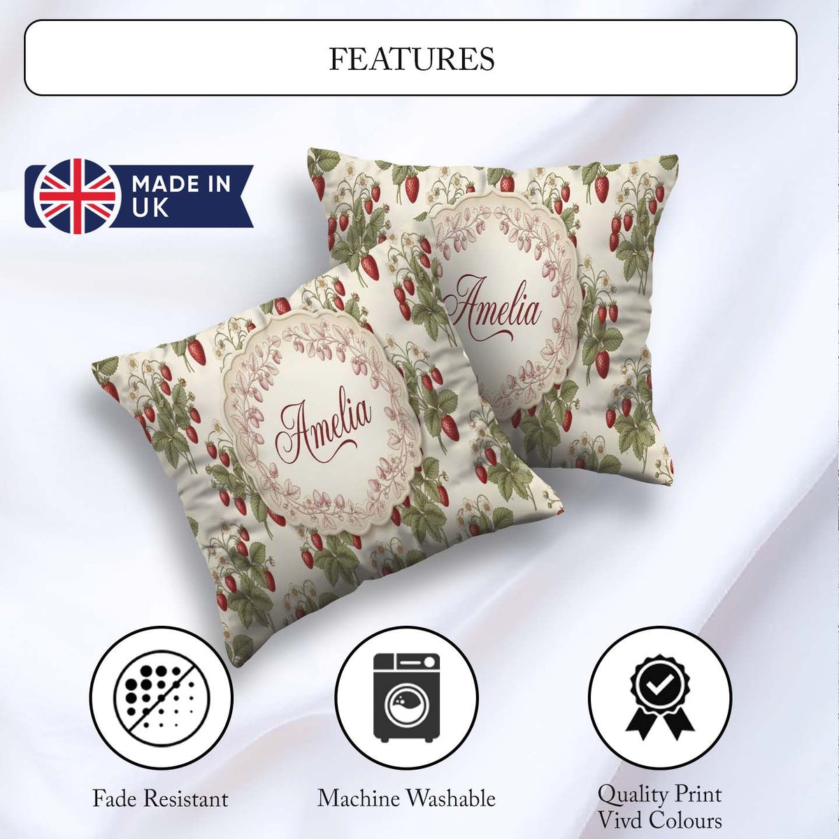 Custom Name Delicate Vine Soft Floral Seamless Pattern Name Cute Square Filled Cushion Throw Pillow Sofa Bed Home Decor Zip Washable UK Made