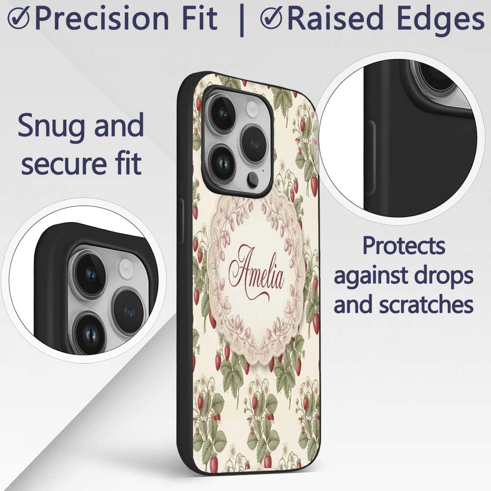 Delicate Strawberry Vine Soft Floral Seamless Custom Name Protective Phone Case Mobile Cover Durable Everyday Smartphone Shock Resistant