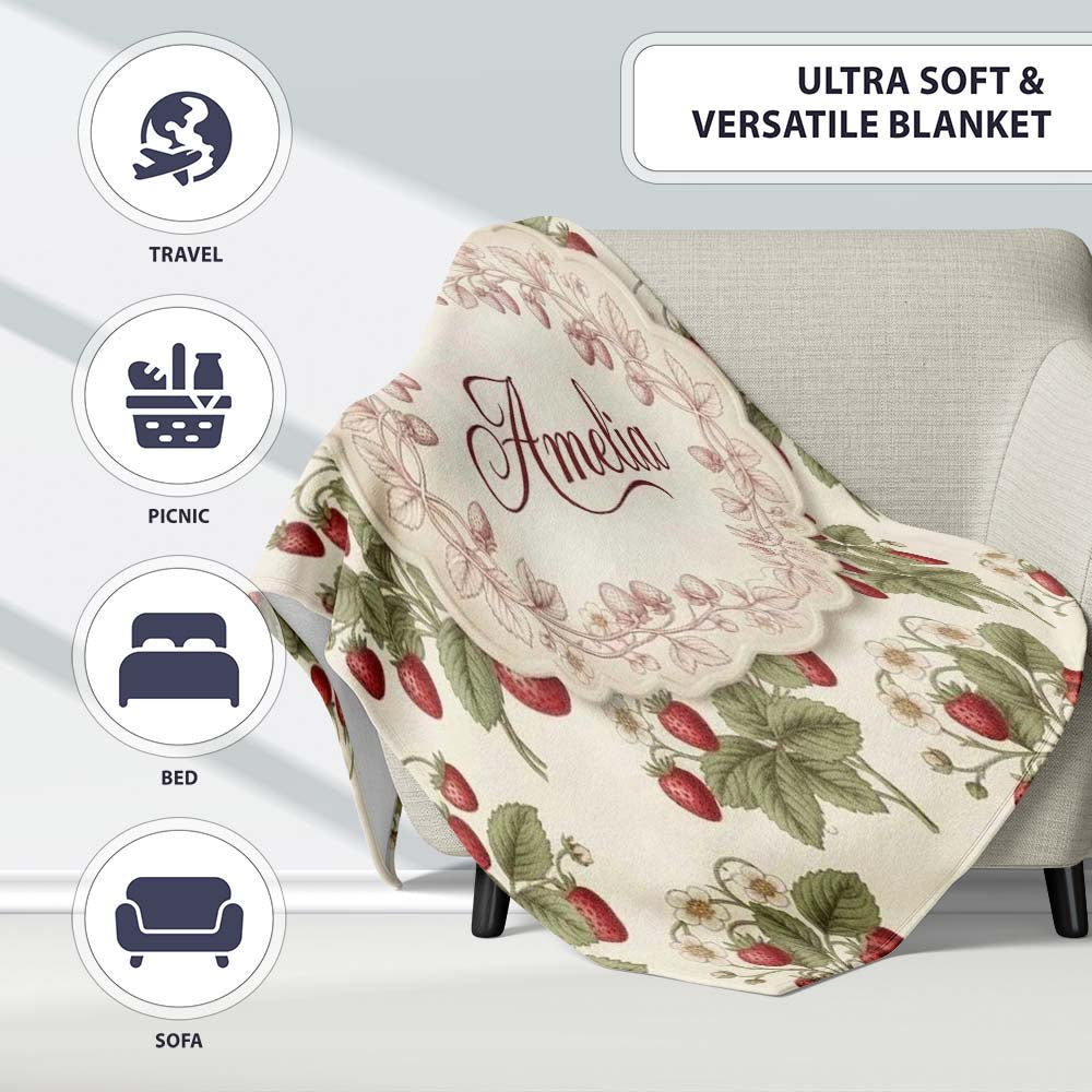 Delicate Strawberry Vine Soft Floral Seamless Pattern Name Cute Personalised Custom Name Super Soft Fleece Blanket Bed Sofa Throw
