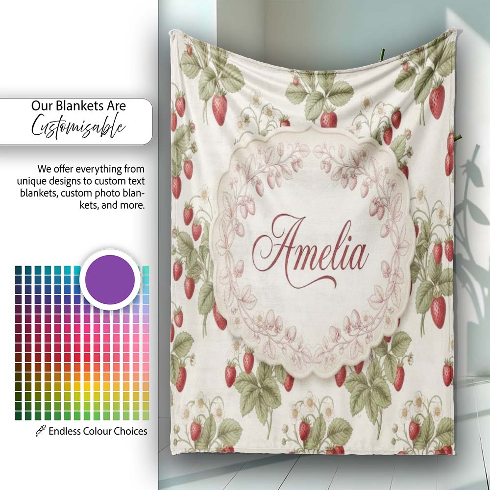 Delicate Strawberry Vine Soft Floral Seamless Pattern Name Cute Personalised Custom Name Super Soft Fleece Blanket Bed Sofa Throw