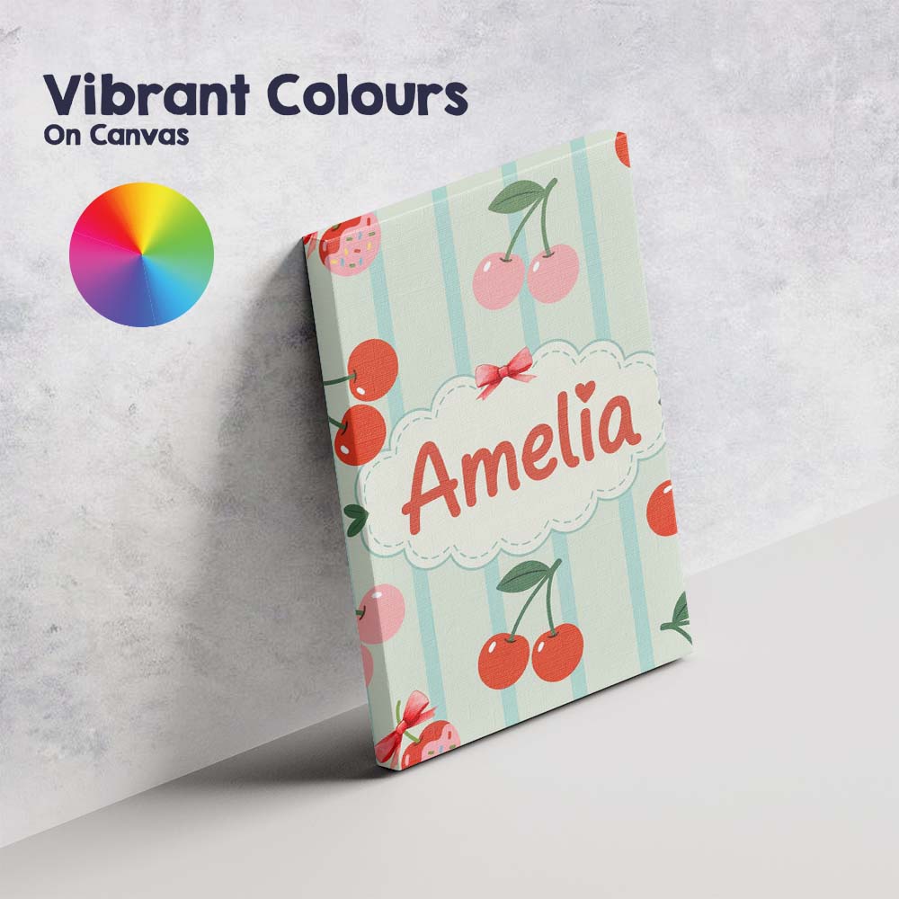Personalised Name Cherry Fruit Vertical Stripe Green Background Custom Statement Canvas Wall Art Print Decor Picture Ready to Hang