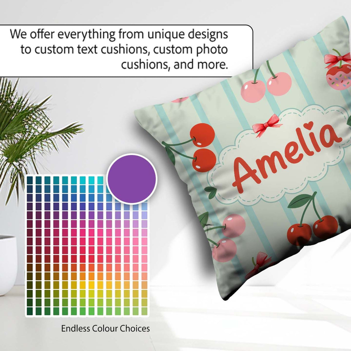 Custom Name Cherry Fruit Vertical Stripe Green Seamless Pattern Square Filled Cushion Throw Pillow Sofa Bed Home Decor Zip Washable UK Made