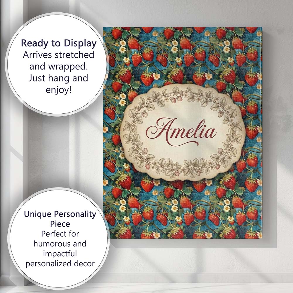 Personalised Name Artistic Strawberry Vine Custom Unique Gift Idea Elegant Feature Canvas Wall Art Print Decor Picture Ready to Hang