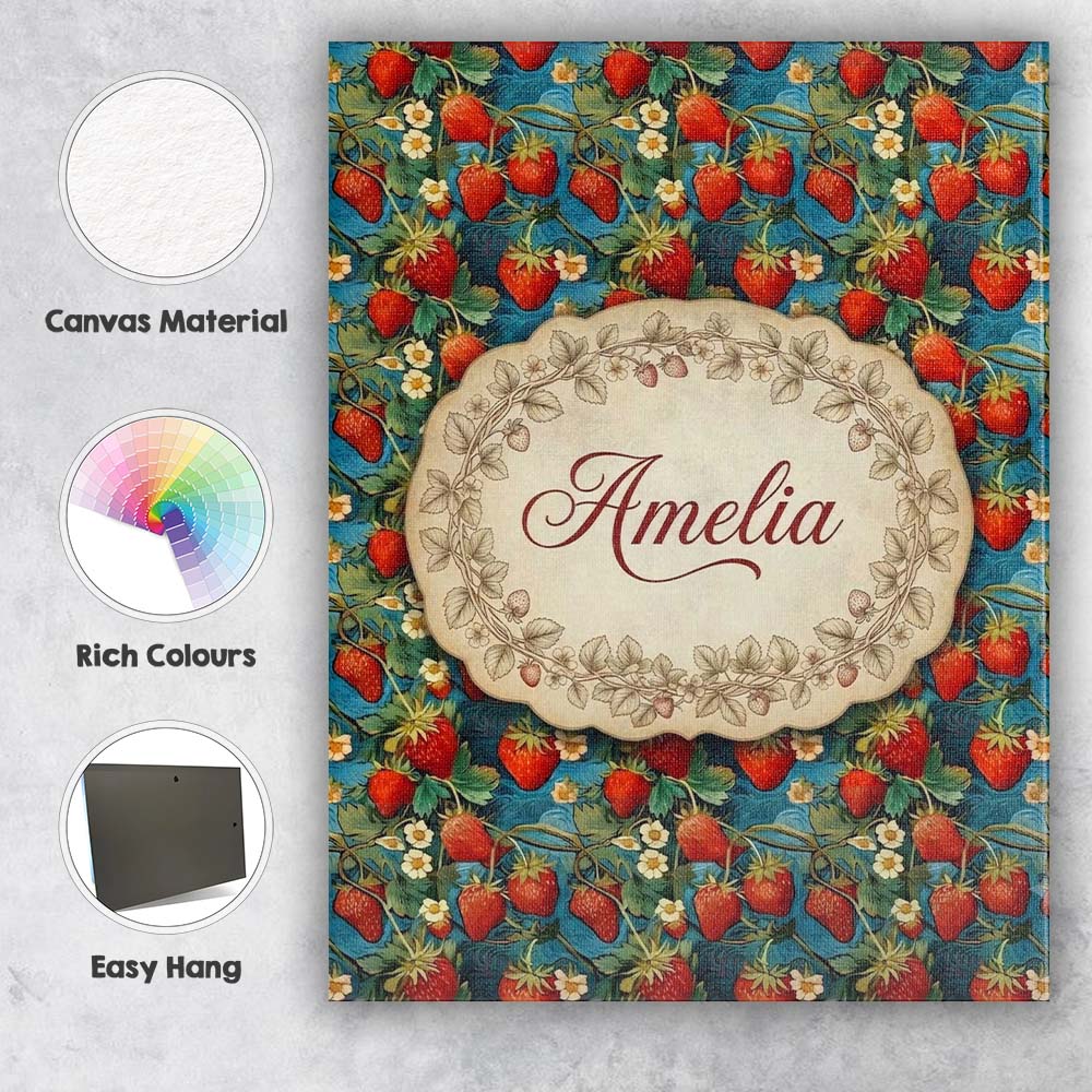 Personalised Name Artistic Strawberry Vine Custom Unique Gift Idea Elegant Feature Canvas Wall Art Print Decor Picture Ready to Hang