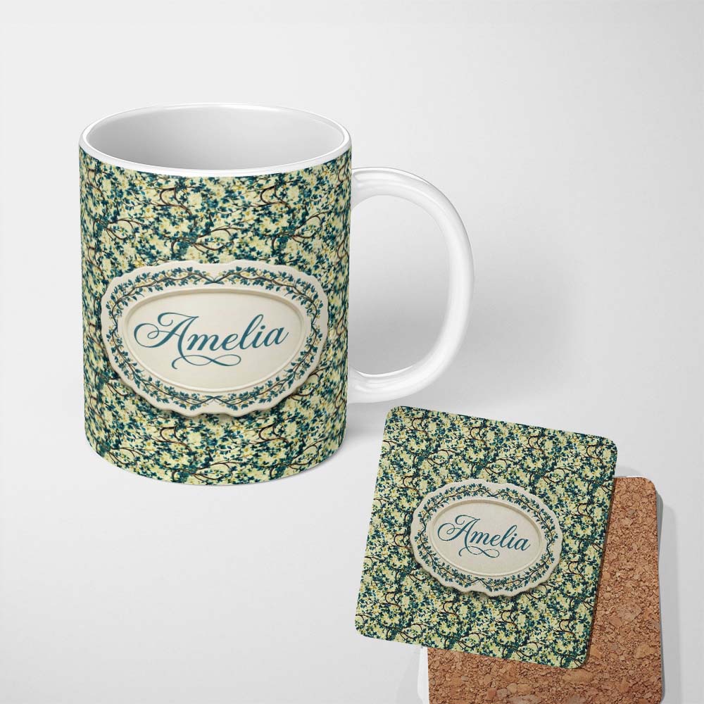 Personalized Custom Name Blue Floral Branch Vintage Blossom Seamless Pattern Name Cute 11oz Ceramic Coffee Tea Mug White Large Handle