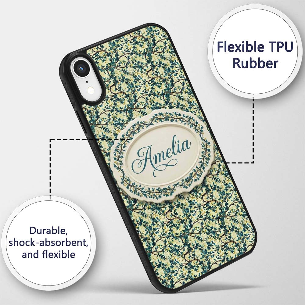 Blue Floral Branch Vintage Blossom Printed Design Custom Name Protective Phone Case Mobile Cover Durable Everyday Smartphone Shock Resistant